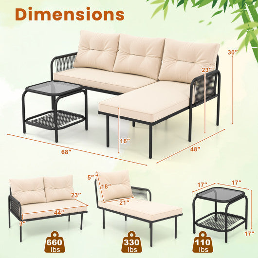 3-Piece L Shaped Patio Furniture Set PE Rattan Sectional Sofas-Beige