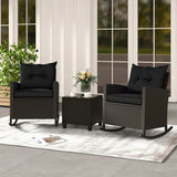 3-Piece Patio Rattan Roker Chairs with Tempered Glass Table and Soft Cushions-Black