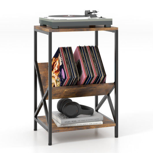 3-Tier Industrial Side Table with V-shaped Bookshelf for Living Room-Rustic Brown