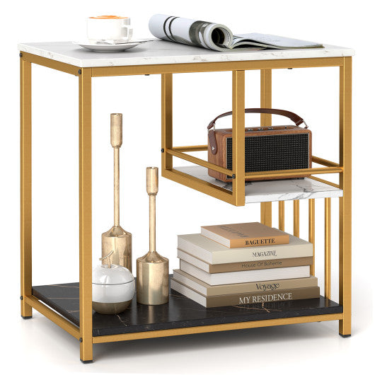 3-Tier Multi-function Marble End Table with Storage Shelf-Golden