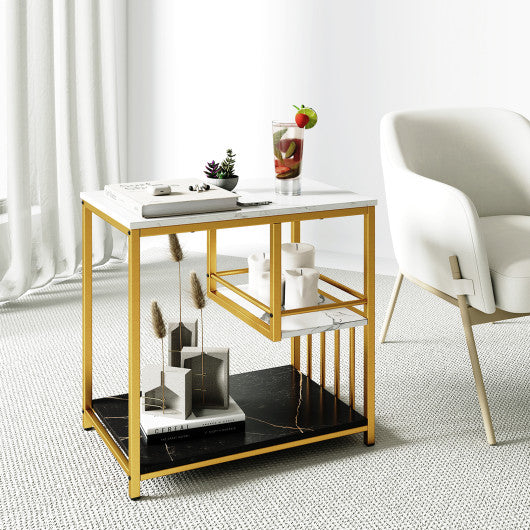 3-Tier Multi-function Marble End Table with Storage Shelf-Golden
