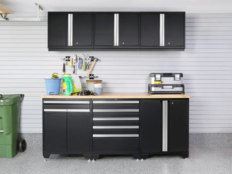 Pro Series 8 Piece Cabinet Set with Wall, Tool Drawer, Multi-Function Cabinet, Lockers and 84 In. Worktop