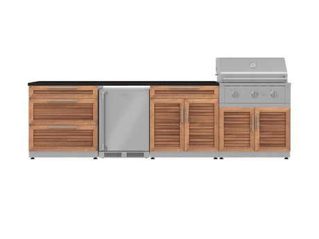 Outdoor Kitchen Stainless Steel 7 Piece Cabinet Set with 3-Drawer, Bar, Grill Cabinet, Performance Grill, Countertop, and Stainless Steel Door Fridge