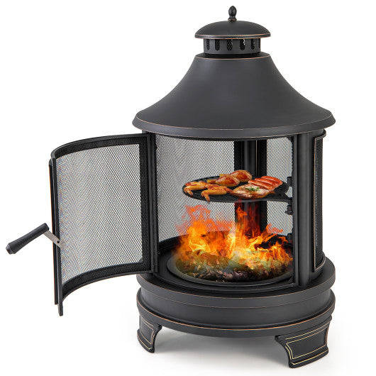 30 Inch Outdoor Fire Pit Chiminea with Grill for Garden BBQ