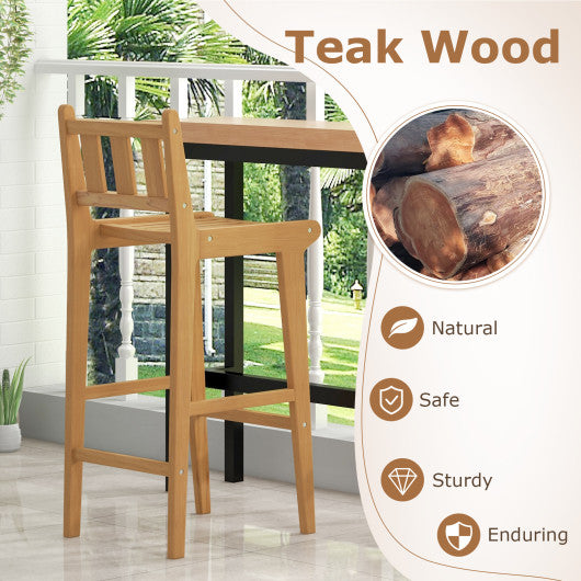 30 Inch Teak Wood Bar Chair with Footrest and Backrest for Deck Poolside Garden