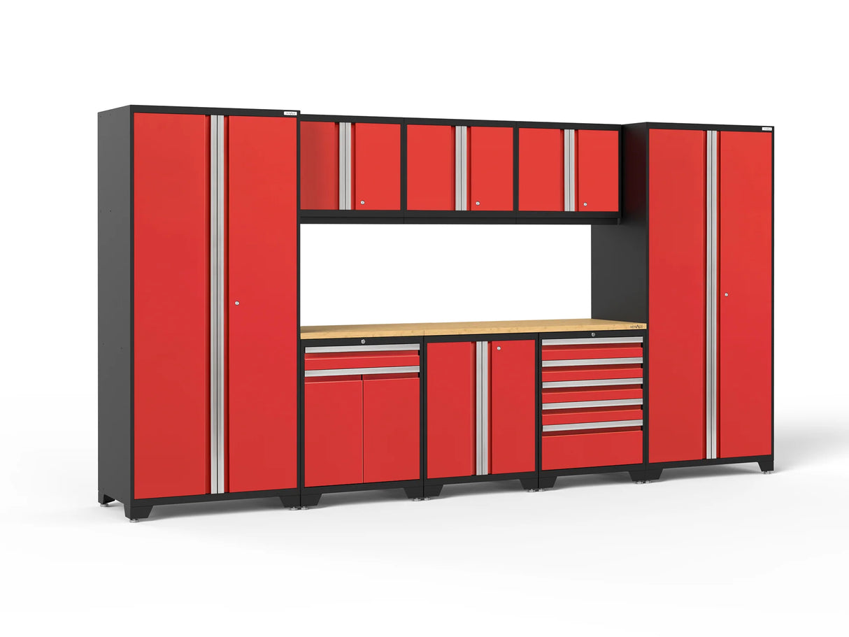 Pro Series 9 Piece Cabinet Set with Wall, Base, Tool Drawer, Multi-Function Cabinet, Lockers, and 84 In. Worktop