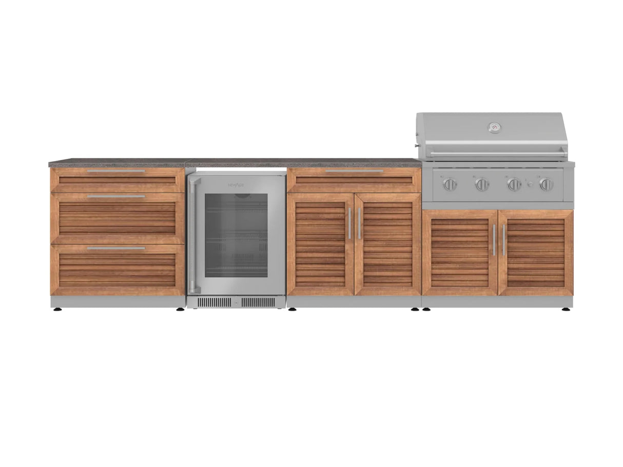 Outdoor Kitchen Stainless Steel 7 Piece Cabinet Set with 3-Drawer, Bar, Grill Cabinet, Performance Grill, Countertops, and Glass Door Fridge