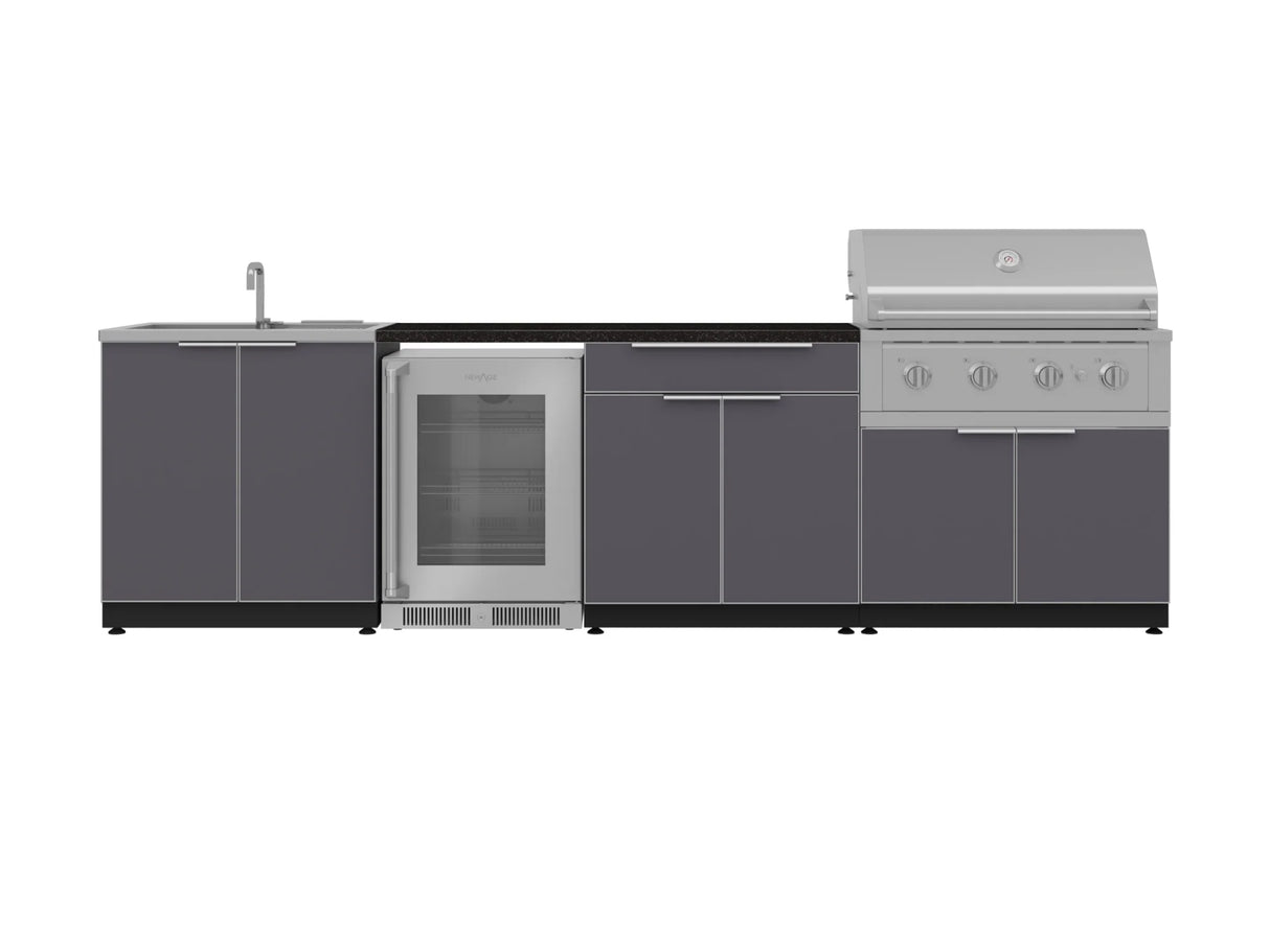 Outdoor Kitchen Aluminum 6 Piece Cabinet Set with Sink, Bar, Grill Cabinet, Performance Grill, Countertop and Glass Door Fridge