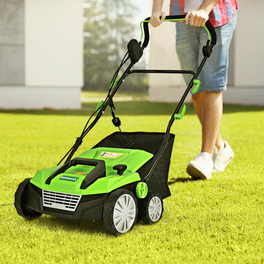 15 Inch 13 Amp Electric Scarifier with Collection Bag and Removable Blades-Green