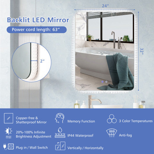 32 x 24 Inch Shatterproof Wall Mirror with 3-Color Lights and  Anti-Fog Function