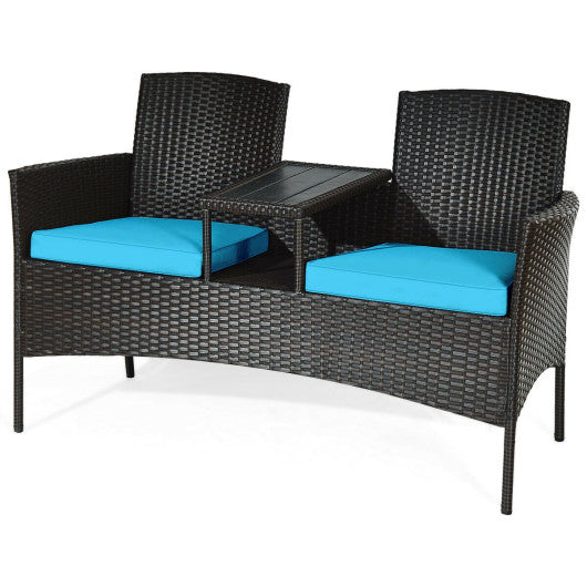 Modern Patio Conversation Set with Built-in Coffee Table and Cushions -Turquoise