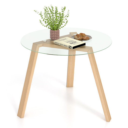 36 Inches Round Glass Dining Table for 4 with Rubber Wood Frame-Natural