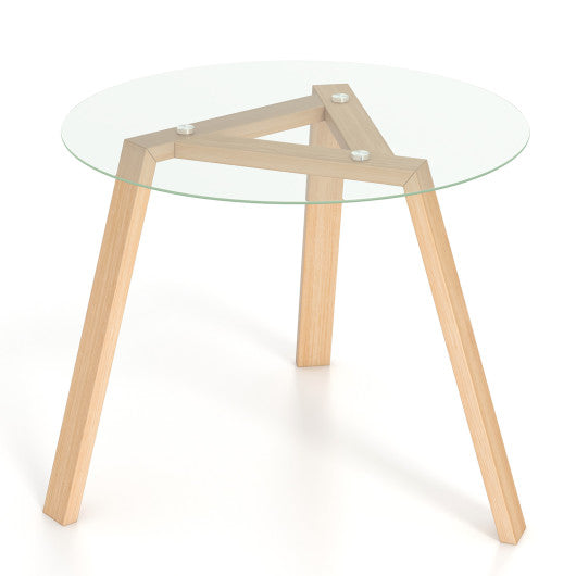 36 Inches Round Glass Dining Table for 4 with Rubber Wood Frame-Natural