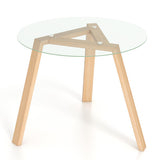 36 Inches Round Glass Dining Table for 4 with Rubber Wood Frame-Natural