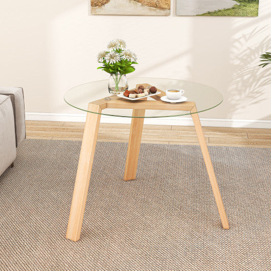 36 Inches Round Glass Dining Table for 4 with Rubber Wood Frame-Natural