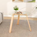 36 Inches Round Glass Dining Table for 4 with Rubber Wood Frame-Natural