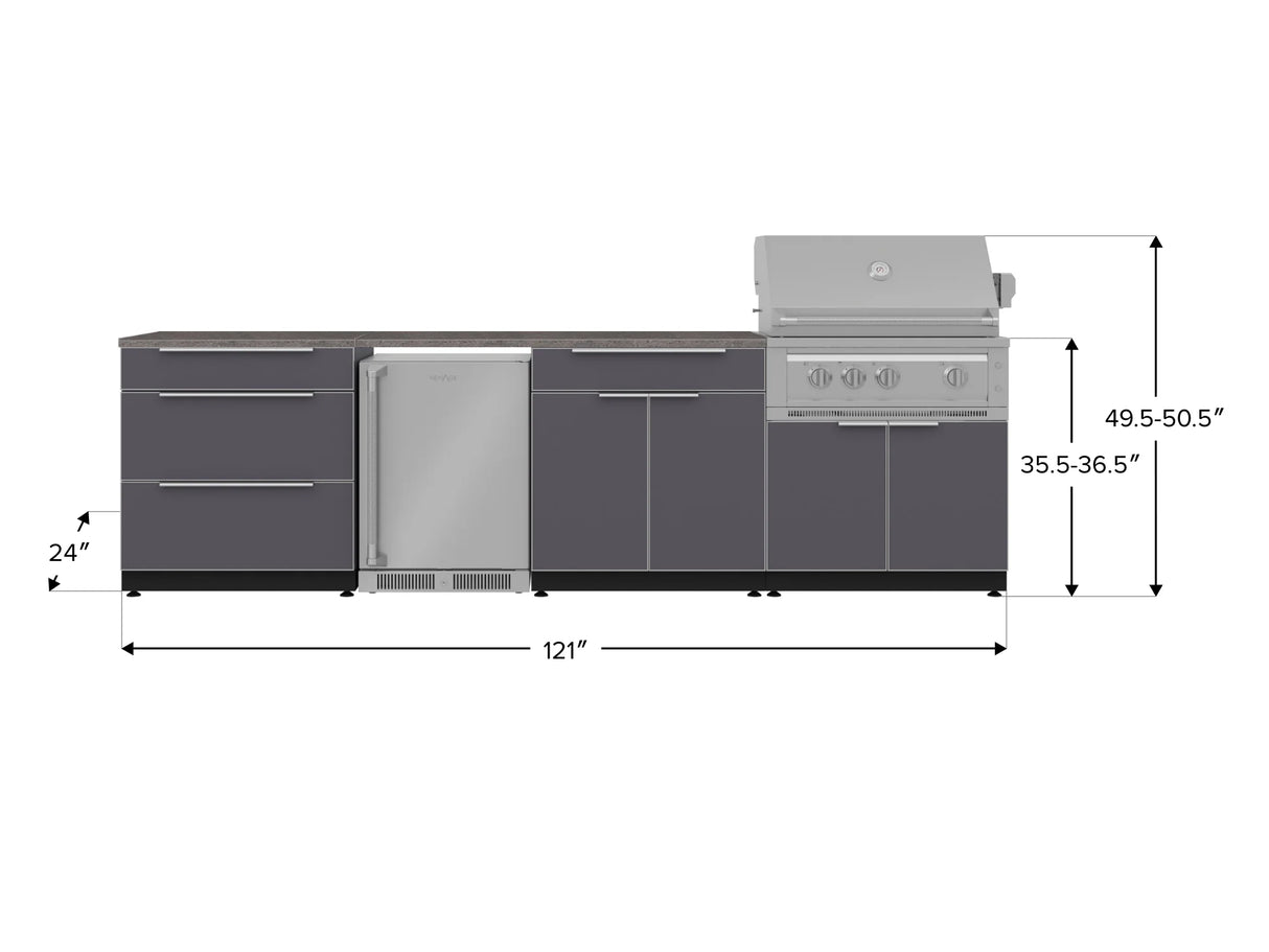 Outdoor Kitchen Aluminum 7 Piece Cabinet Set with 3-Drawer, Bar, Grill Cabinet, Platinum Grill, Countertops and Stainless Steel Door Fridge