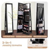 360° Rotatable 2-in-1 Lockable Jewelry Cabinet with Full-Length Mirror-Black