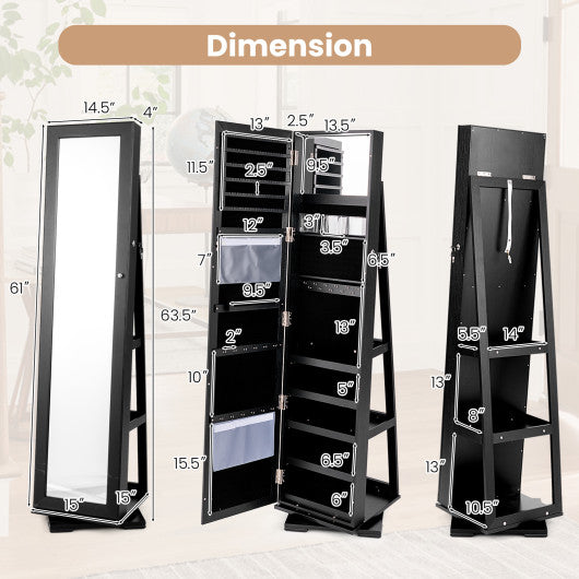 360° Rotatable 2-in-1 Lockable Jewelry Cabinet with Full-Length Mirror-Black