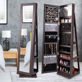 360° Rotatable 2-in-1 Lockable Jewelry Cabinet with Full-Length Mirror-Dark Brown