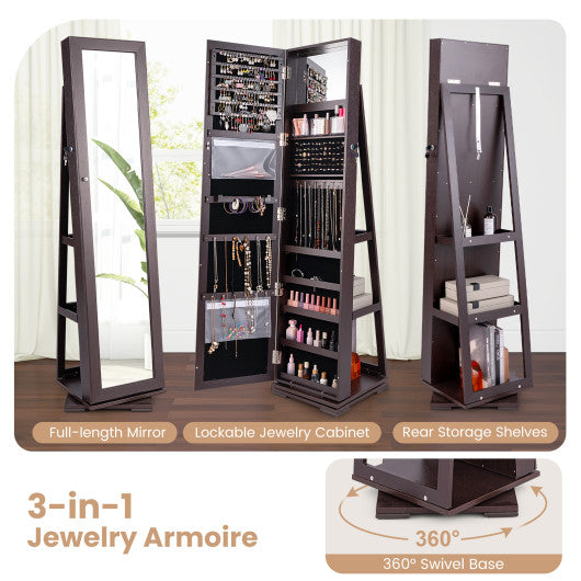 360° Rotatable 2-in-1 Lockable Jewelry Cabinet with Full-Length Mirror-Dark Brown