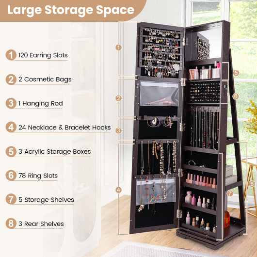 360° Rotatable 2-in-1 Lockable Jewelry Cabinet with Full-Length Mirror-Dark Brown