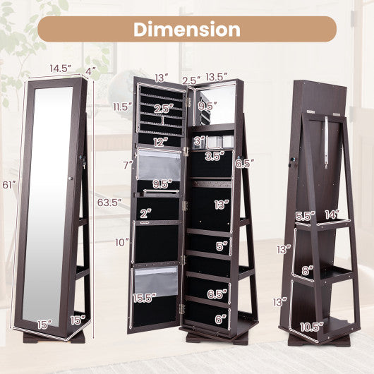 360° Rotatable 2-in-1 Lockable Jewelry Cabinet with Full-Length Mirror-Dark Brown