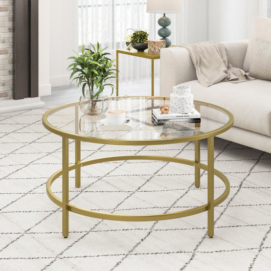 36 Inch Round Coffee Table with Tempered Glass Tabletop-Golden