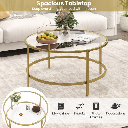 36 Inch Round Coffee Table with Tempered Glass Tabletop-Golden
