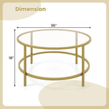 36 Inch Round Coffee Table with Tempered Glass Tabletop-Golden