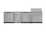 Outdoor Kitchen Stainless Steel 7 Piece Cabinet Set with 3-Drawer, Bar, Grill Cabinet, Performance Grill, Countertop, and Stainless Steel Door Fridge