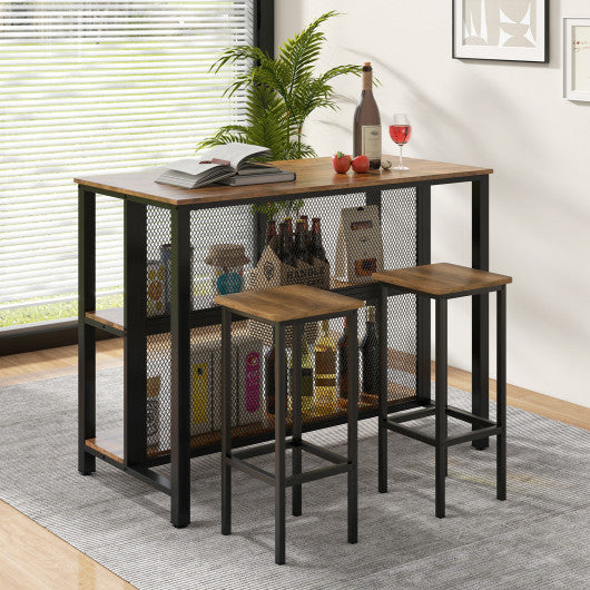 36 Inch 3-Tier Bar Table with Storage Metal Frame Adjustable Foot Pads for Dining Room-Rustic Brown