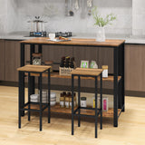 36 Inch 3-Tier Bar Table with Storage Metal Frame Adjustable Foot Pads for Dining Room-Rustic Brown