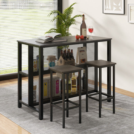 36 Inch 3-Tier Bar Table with Storage Metal Frame Adjustable Foot Pads for Dining Room-Gray