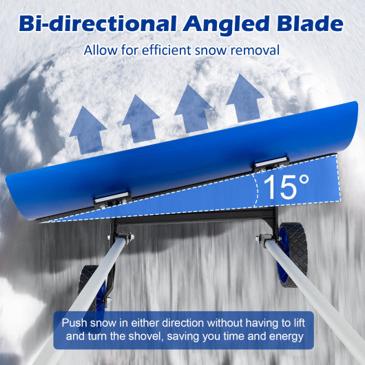 37.5 Inches Aluminum Snow Shovel with Wheels and Bi-Directional Angled Blade-Blue