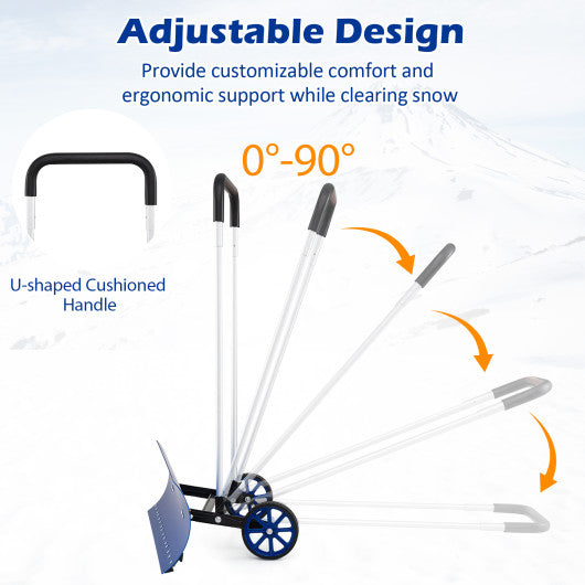 37.5 Inches Aluminum Snow Shovel with Wheels and Bi-Directional Angled Blade-Blue