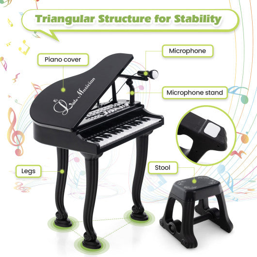 37 Keys Kids Piano Keyboard with Stool and Piano Lid-Black