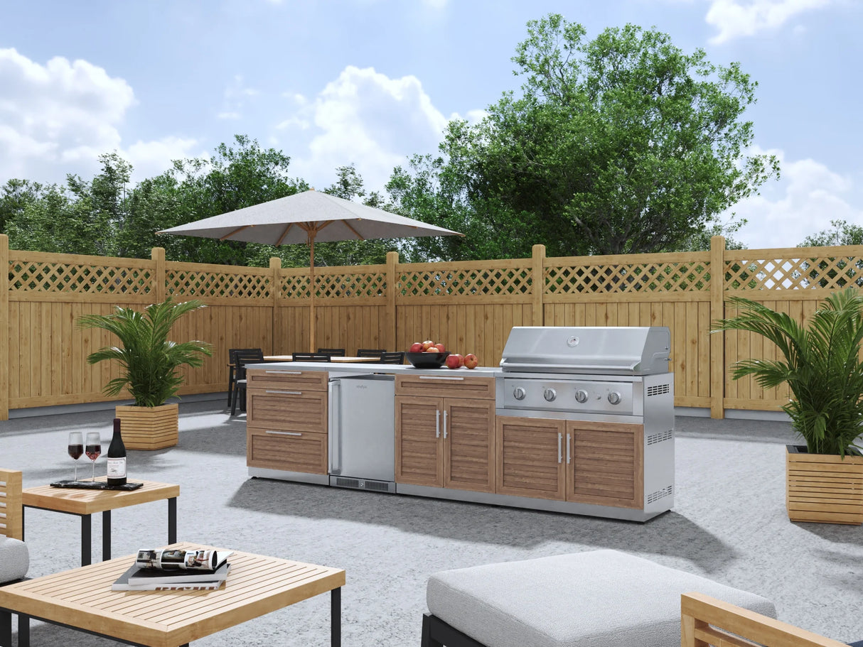 Outdoor Kitchen Stainless Steel 7 Piece Cabinet Set with 3-Drawer, Bar, Grill Cabinet, Performance Grill, Countertop, and Stainless Steel Door Fridge