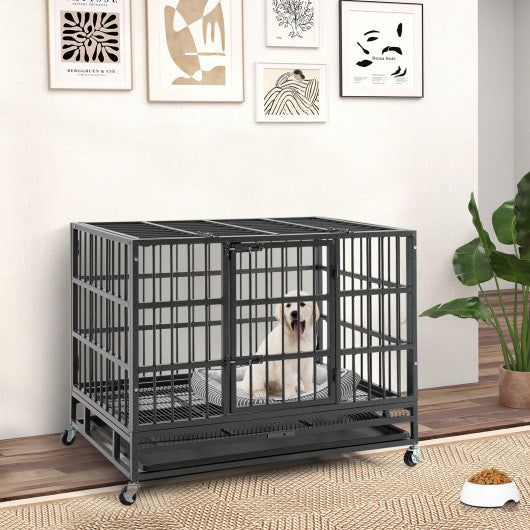 38 Inch Foldable Heavy-Duty Metal Dog Cage with Lockable Rolling Casters and Tray-38 inches