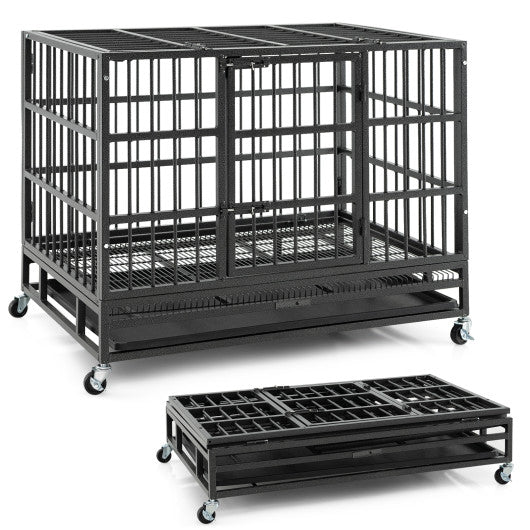 38 Inch Foldable Heavy-Duty Metal Dog Cage with Lockable Rolling Casters and Tray-38 inches