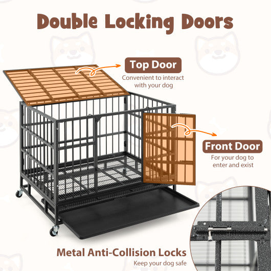 38 Inch Foldable Heavy-Duty Metal Dog Cage with Lockable Rolling Casters and Tray-38 inches