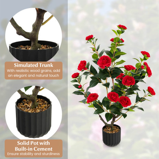 38 Inch Artificial Camellia Tree Faux Flower Plant in Cement Pot 2 Pack-Red
