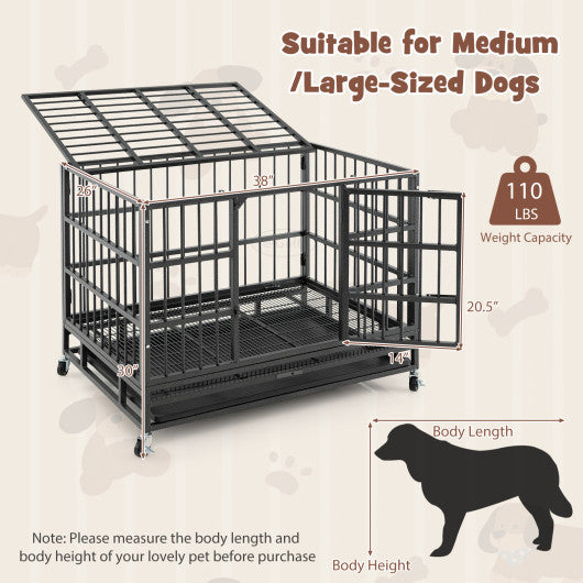 38 Inch Foldable Heavy-Duty Metal Dog Cage with Lockable Rolling Casters and Tray-38 inches