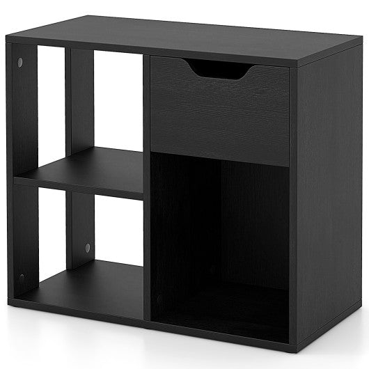 3-Cube Bookcase 2-tier Wooden Storage Shelf with Pull-out Drawer-Black