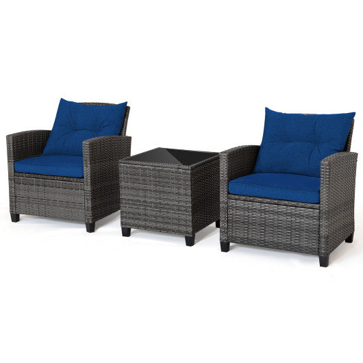 3 Pieces Outdoor Wicker Conversation Set with Tempered Glass Tabletop-Navy