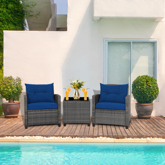 3 Pieces Outdoor Wicker Conversation Set with Tempered Glass Tabletop-Navy