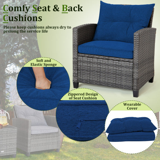 3 Pieces Outdoor Wicker Conversation Set with Tempered Glass Tabletop-Navy