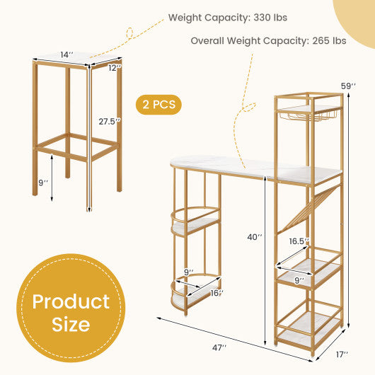 3 Pieces Bar Table Set with Storage Shelves and Wine Rack-Golden
