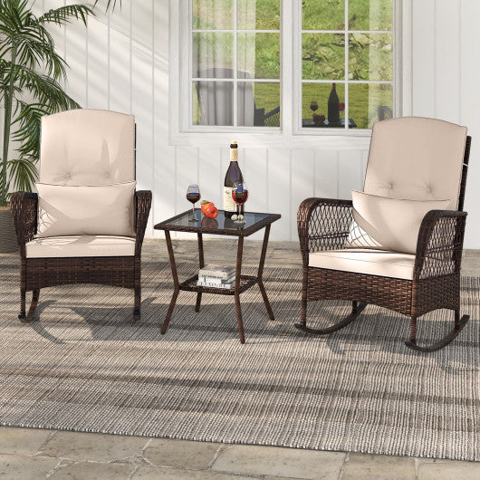 3 Pieces Rocking Bistro Set with 2-Tier Coffee Table-Brown