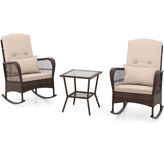 3 Pieces Rocking Bistro Set with 2-Tier Coffee Table-Brown